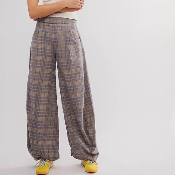 Free People Tegan Barrel Trousers Pants Plaid Printed Slouchy Cotton XS 276599